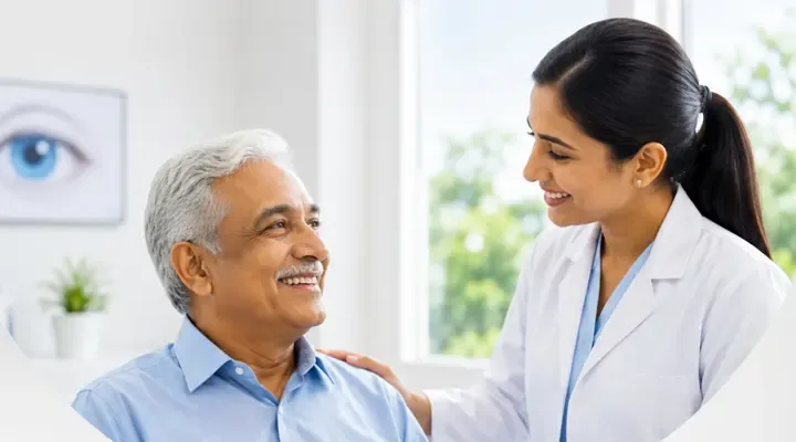 An eye doctor with a smiling patient