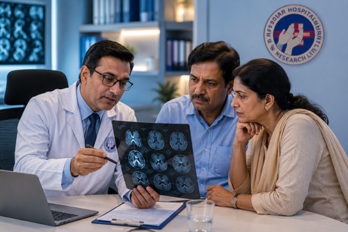 Two specialists consulting and reviewing patient case notes